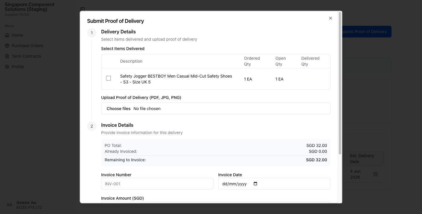 Tick each item in this delivery. Adjust the quantity if you are partially fulfilling the order.