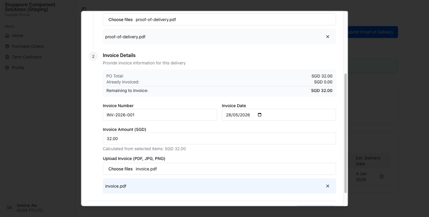 All fields completed. The invoice amount is auto-calculated from the selected items. Attach your invoice document before submitting.