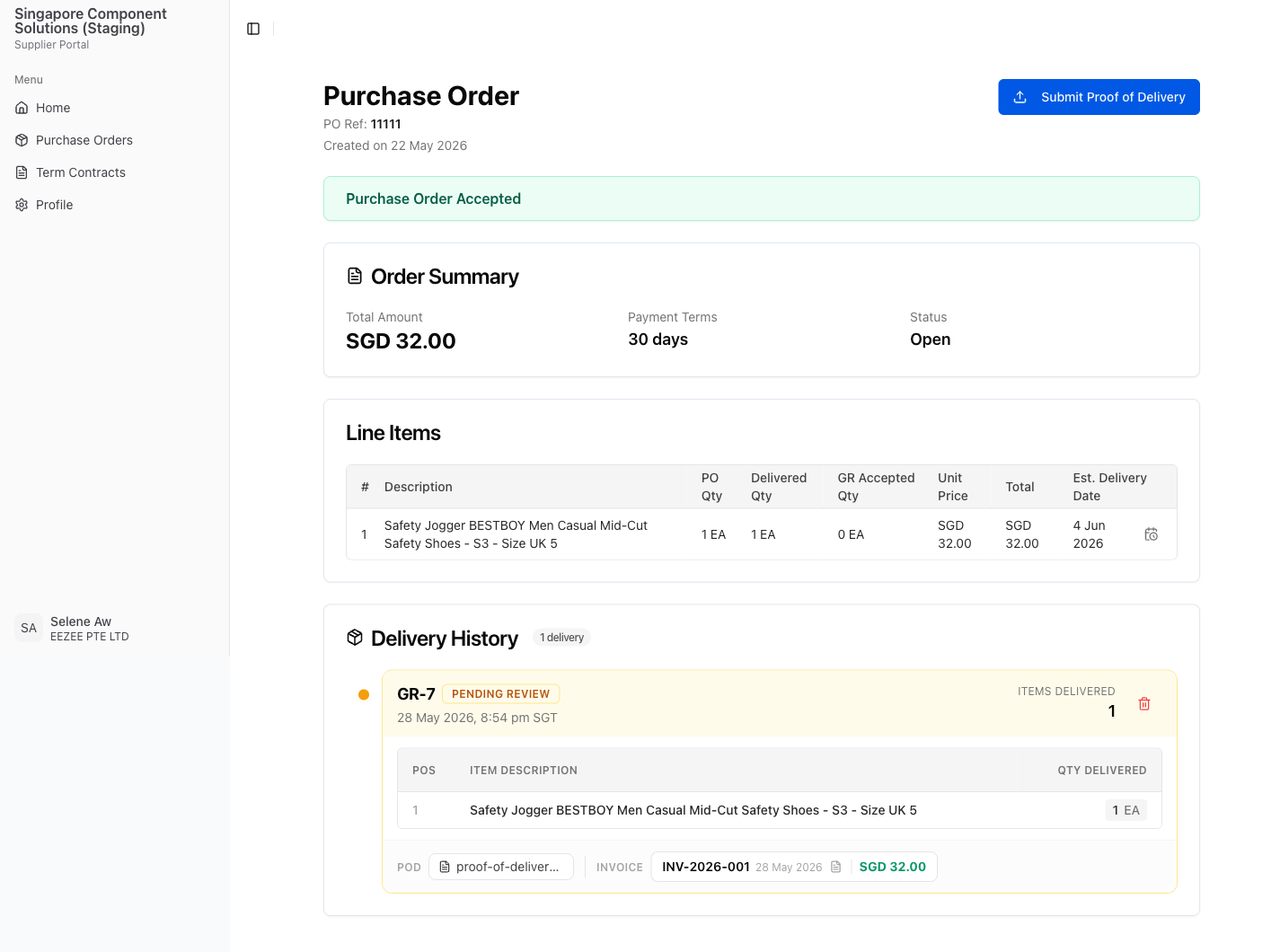 Your goods receipt shows in Delivery History as "Pending Review" until the buyer accepts it.