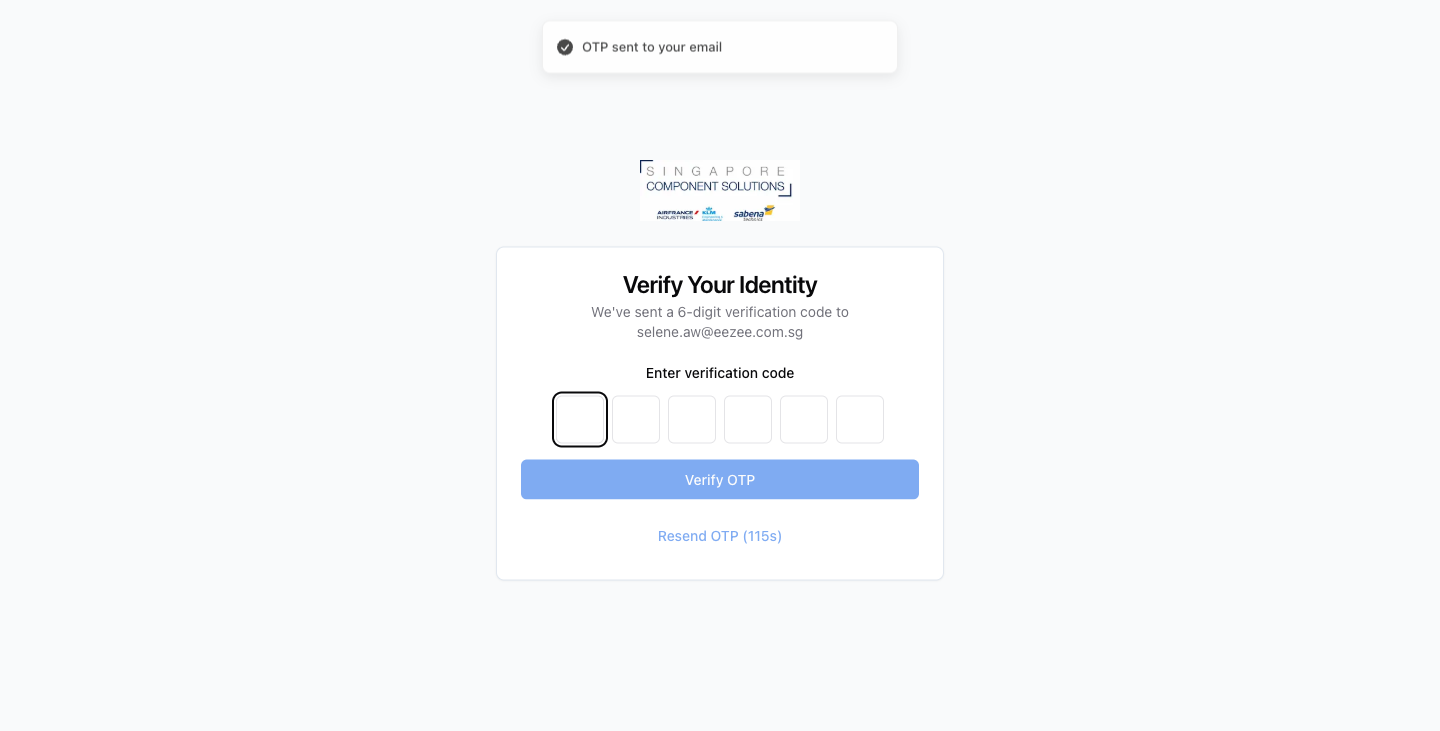 Enter the 6-digit code sent to your email, then click Verify OTP.
