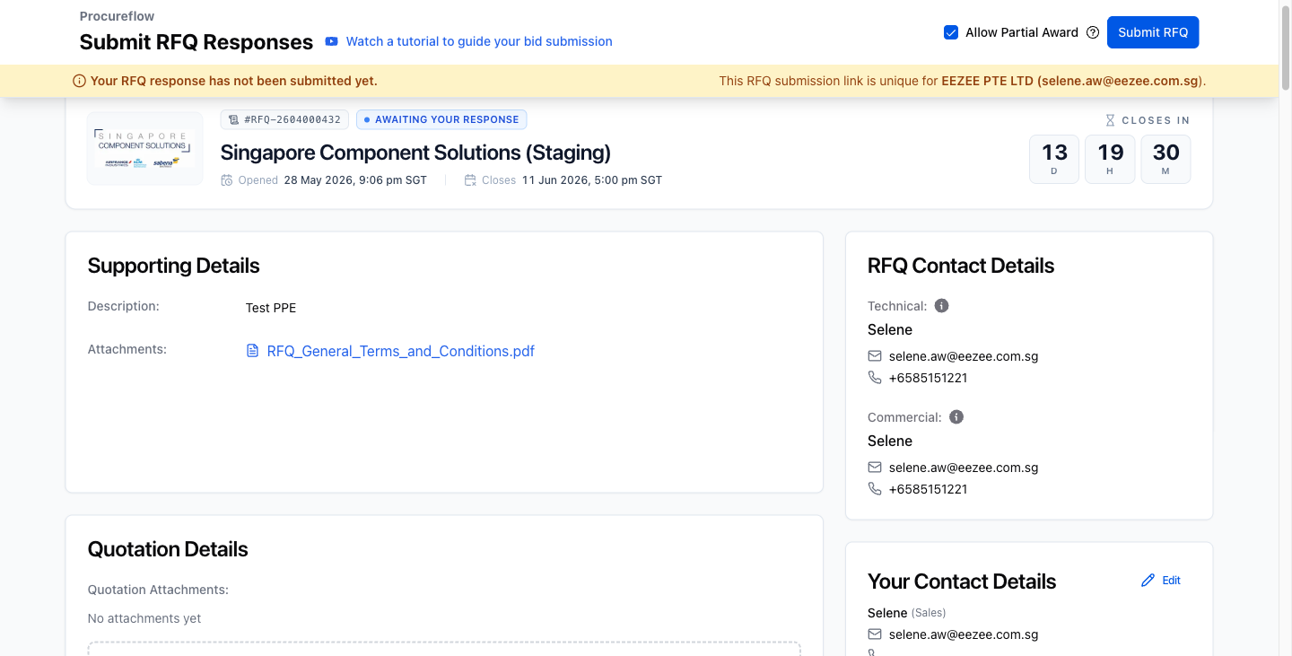Review all RFQ details before scrolling down to the line items.