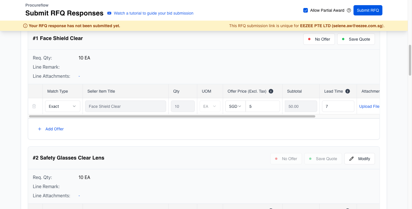 Enter the offer price and lead time for each line item, then click Save Quote.