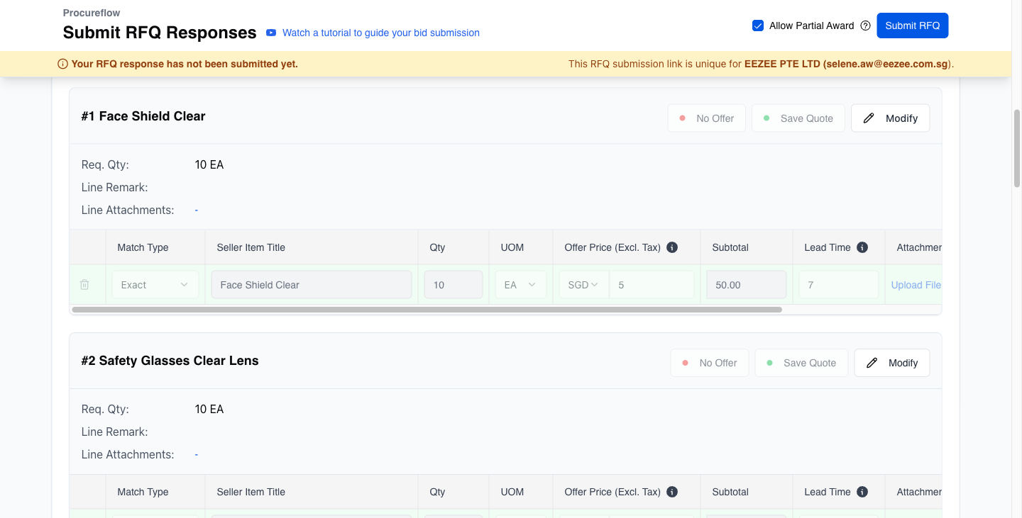 After clicking Save Quote, the item row turns green and the Modify button activates. Repeat for every line item.