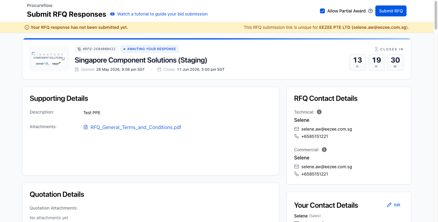 The Submit RFQ button is always visible in the top navigation bar.