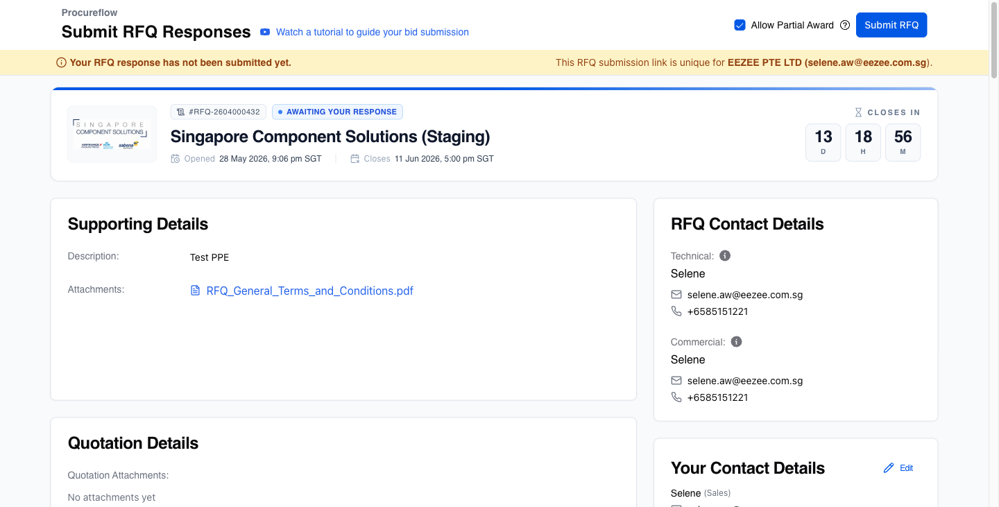After clicking Edit Submission, the page returns to edit mode. Update your prices or lead times, save each item, then click Submit RFQ again.