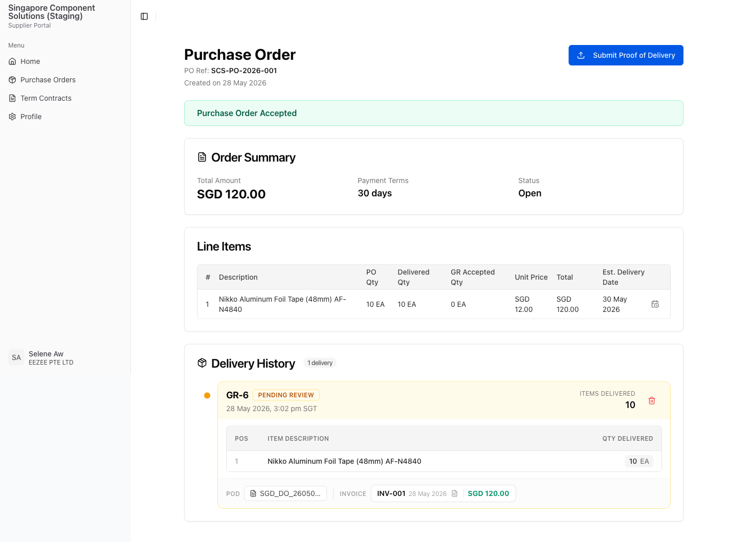 The Est. Delivery Date column shows the current date set for each line item. Click the calendar icon to update it.