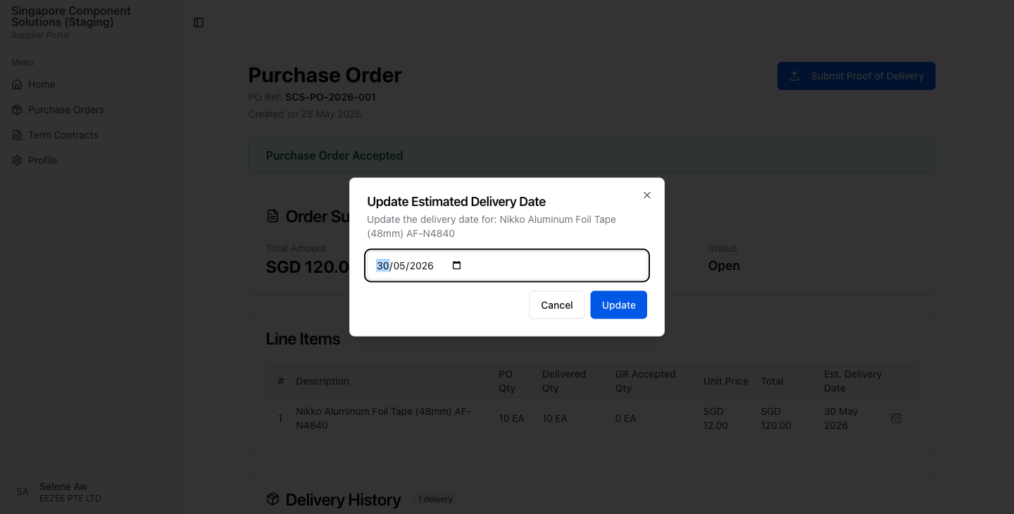 Left: dialog opens with the current date pre-filled. Right: type or select the new date, then clickUpdate.