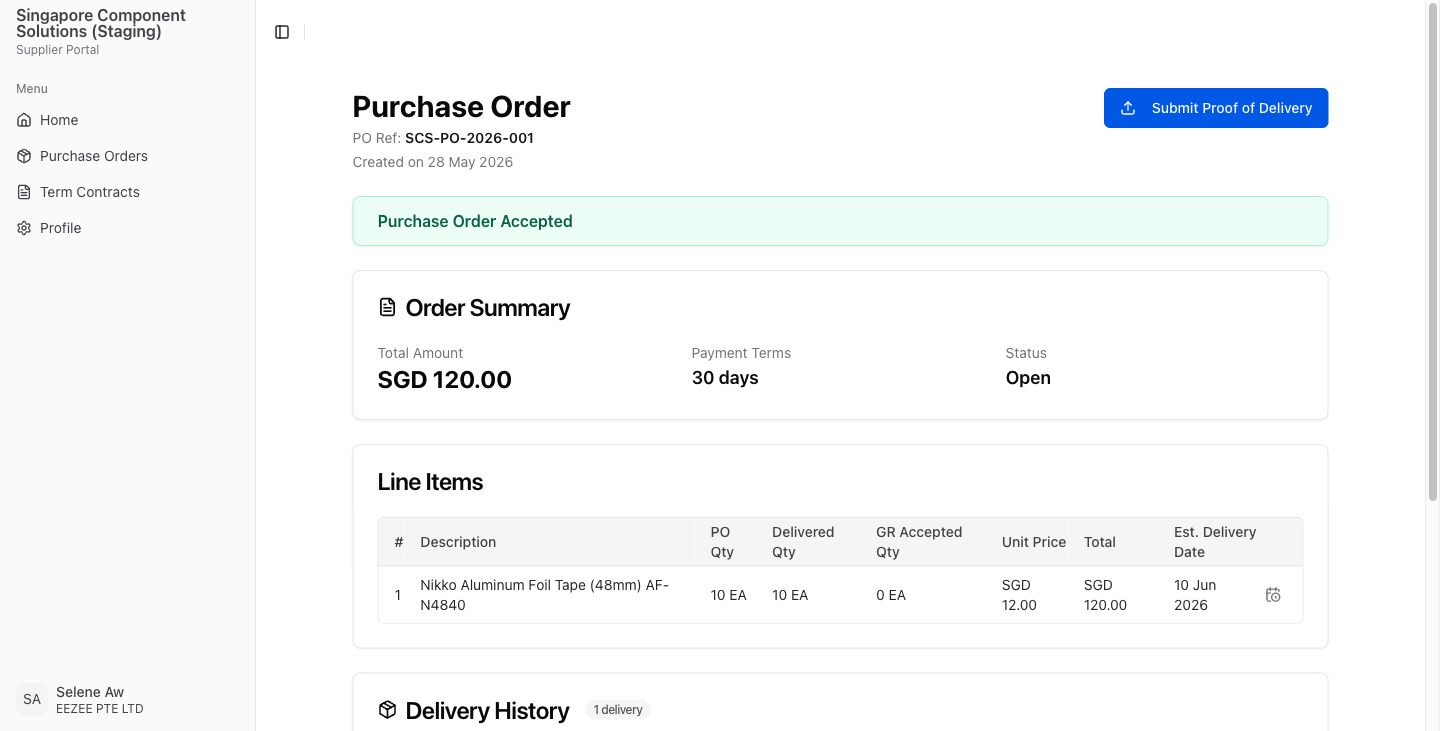 The Est. Delivery Date column now shows the updated date. You can click the calendar icon again at any time to change it.