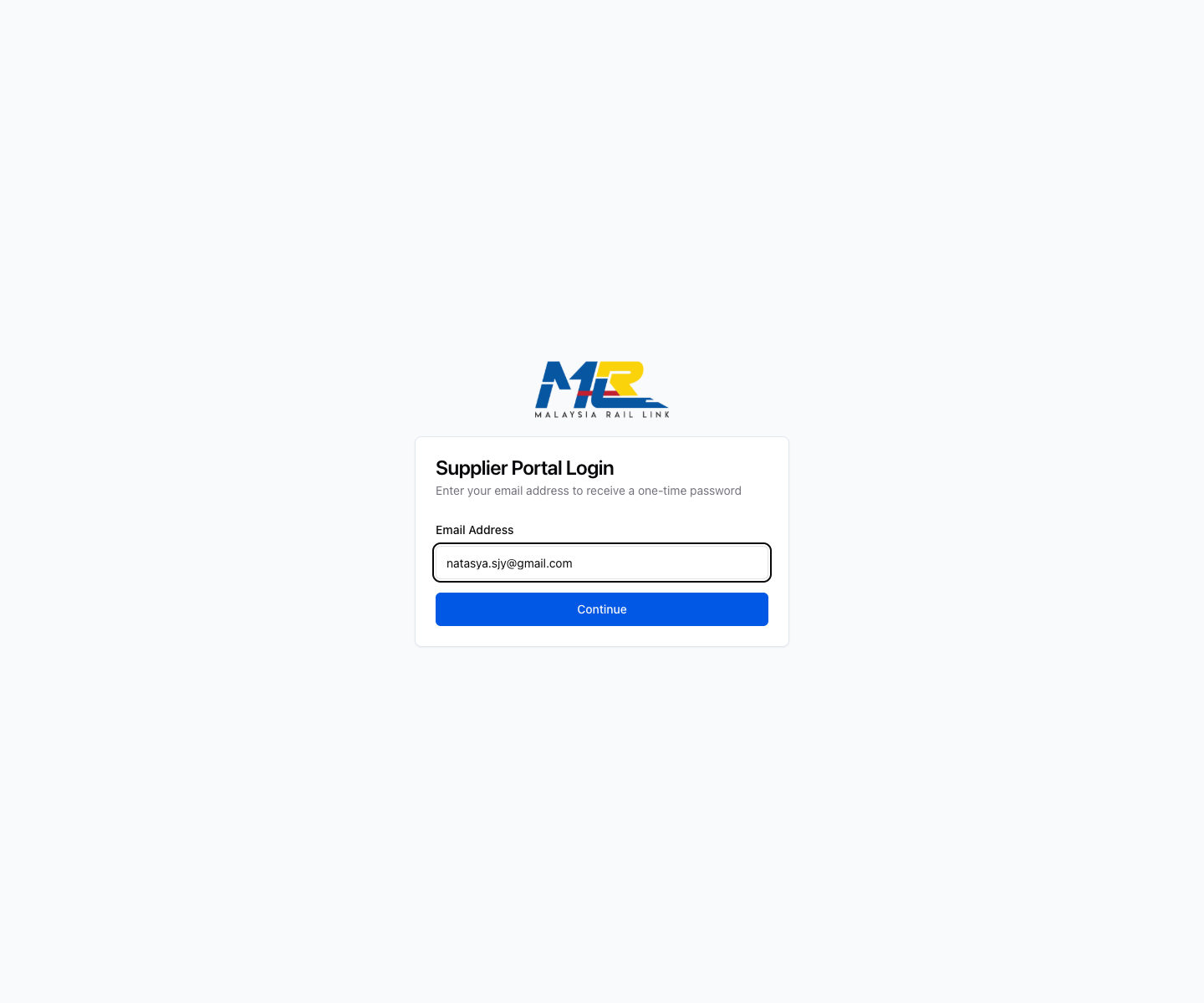 Supplier portal sign-in with email and one-time passcode fields