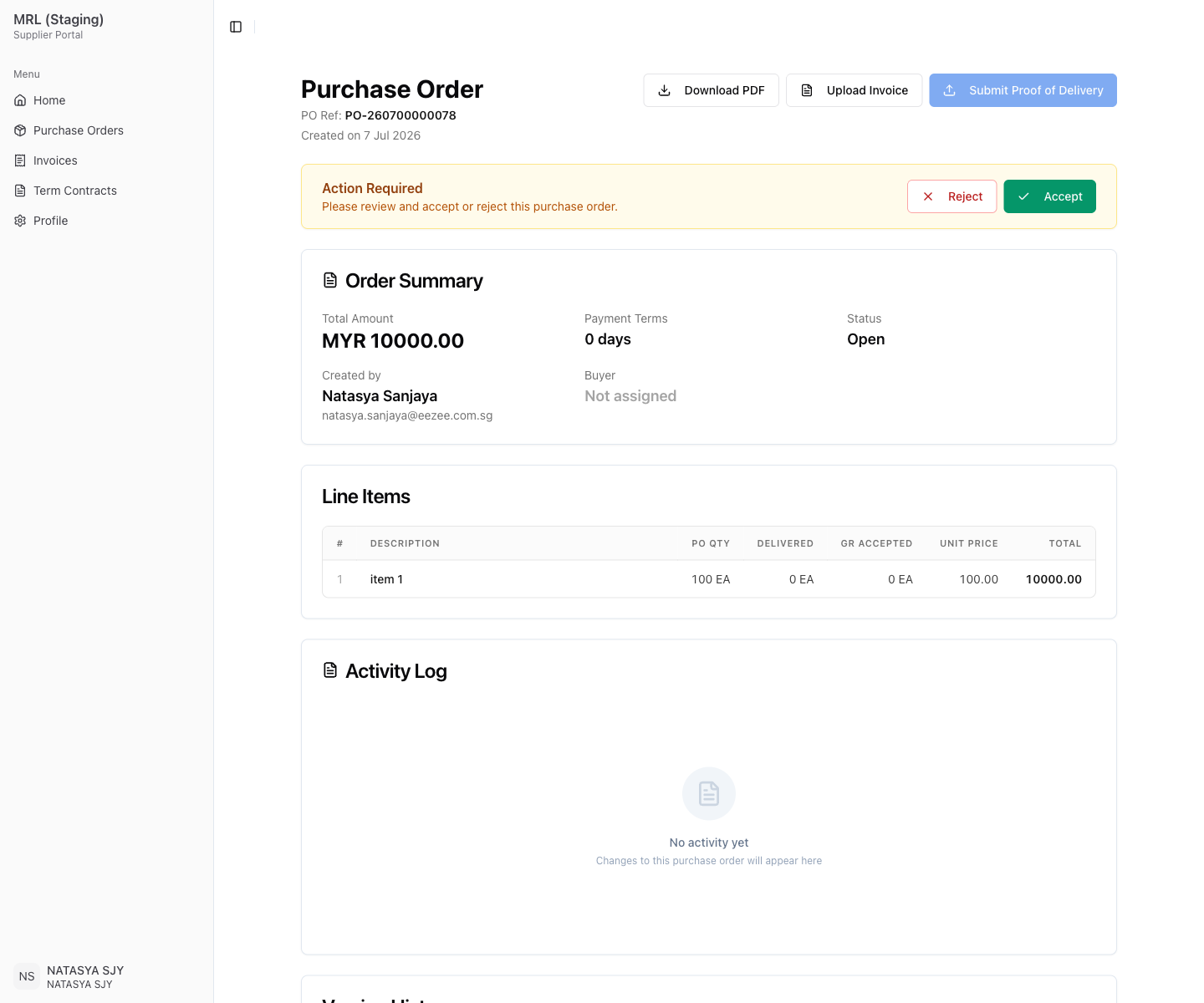 COD purchase order header showing Payment Terms 0 days and an Upload Invoice button
