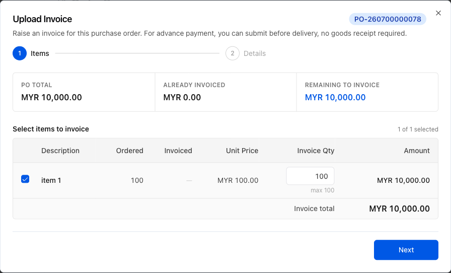 Invoice wizard Items step with line items and invoice quantity fields