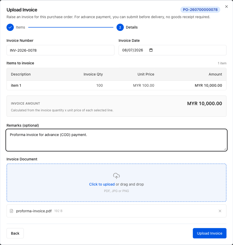 Invoice wizard Details step with invoice number, date, amount, and document upload